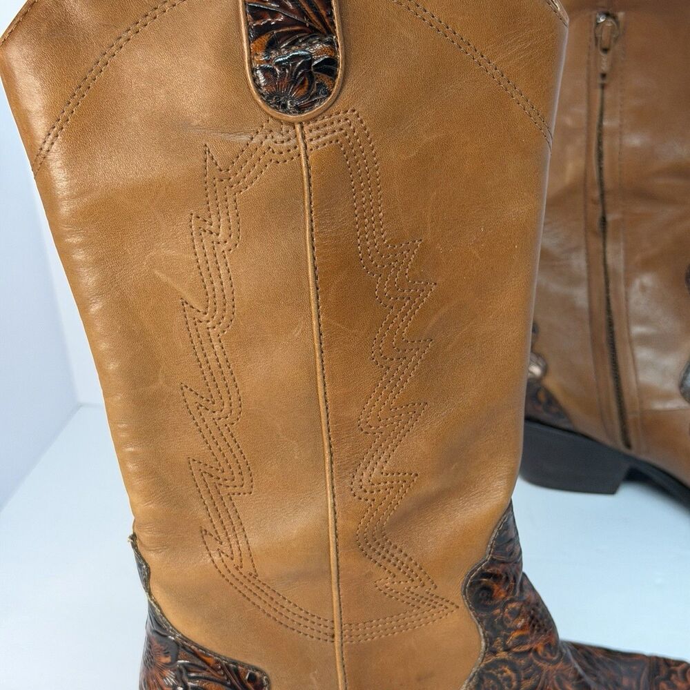 Coldwater Creek Women's 8.5 M Leather Western Boots Tooled Floral Brown Zip - Picture 13 of 16